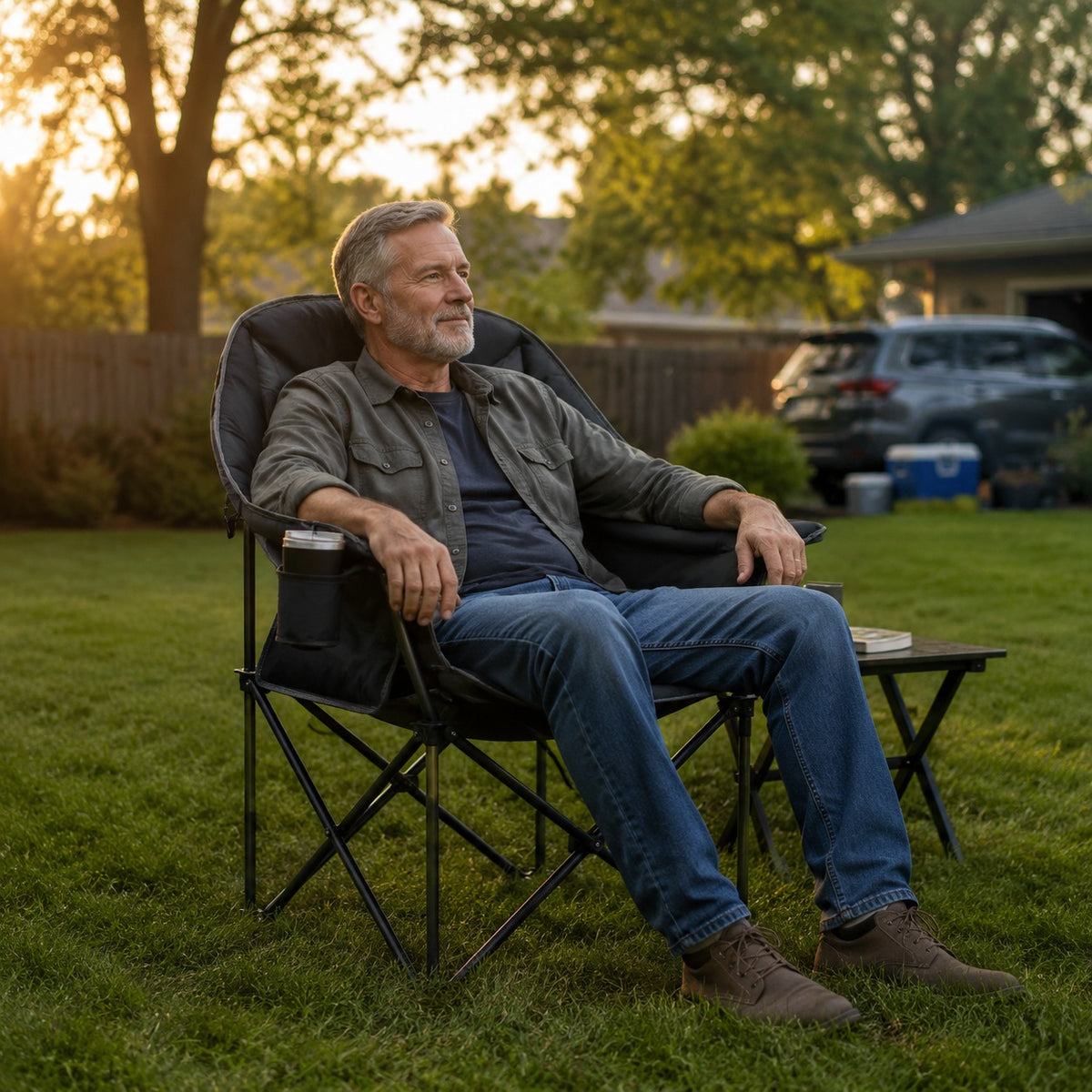 Man relaxing in a padded single folding camping chair during a backyard evening