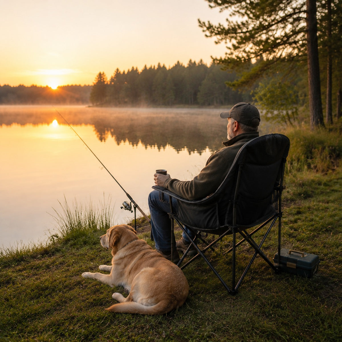 Man fishing from a single folding camping chair beside a quiet lake at sunrise