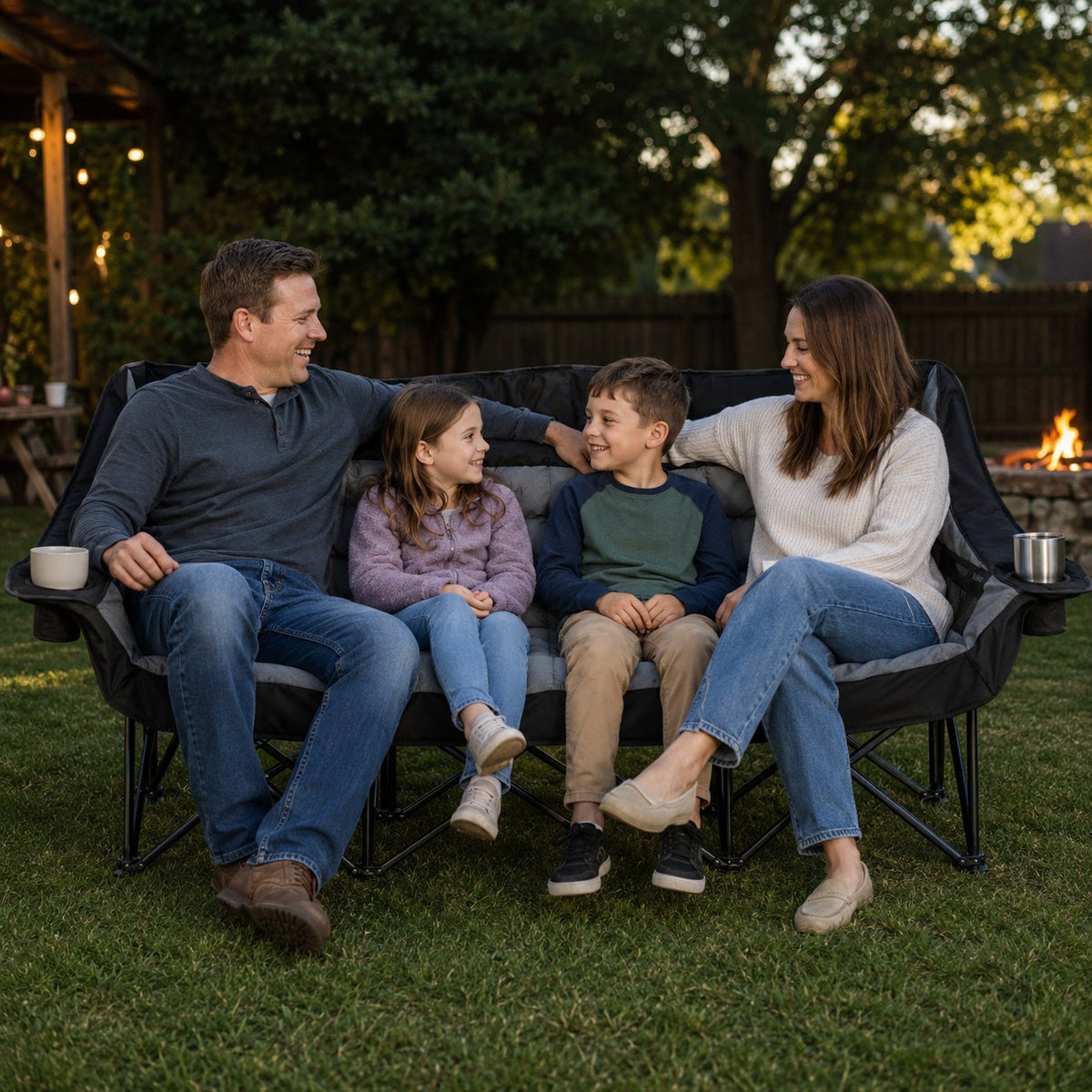 Family of four sitting together on a large folding camping loveseat in the backyard