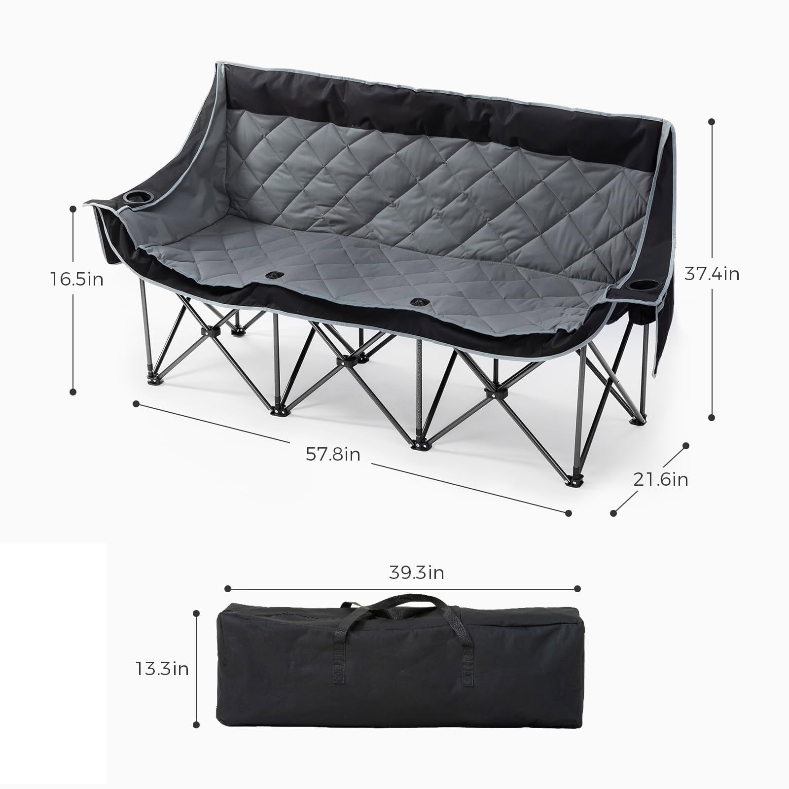 Oversized 3 Person Camping Chair Folding Padded Loveseat with Cup Holders and Carry Bag Streamonpod