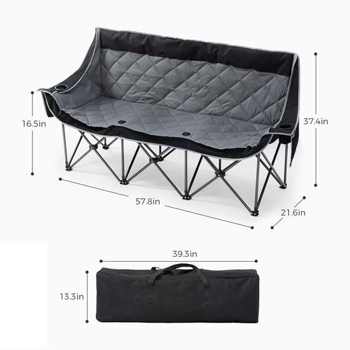 Oversized 3 Person Camping Chair Folding Padded Loveseat with Cup Holders and Carry Bag Streamonpod