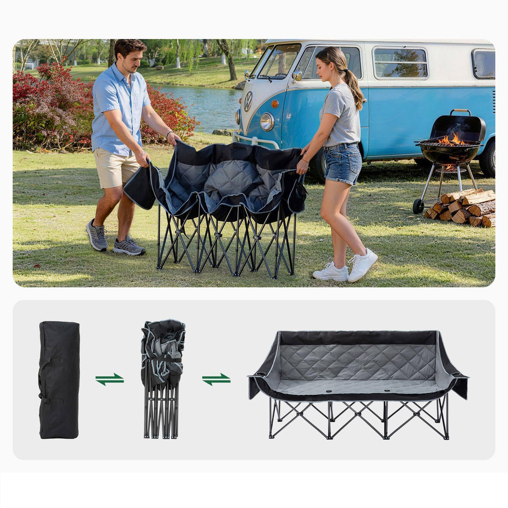 Oversized 3 Person Camping Chair Folding Padded Loveseat with Cup Holders and Carry Bag Streamonpod