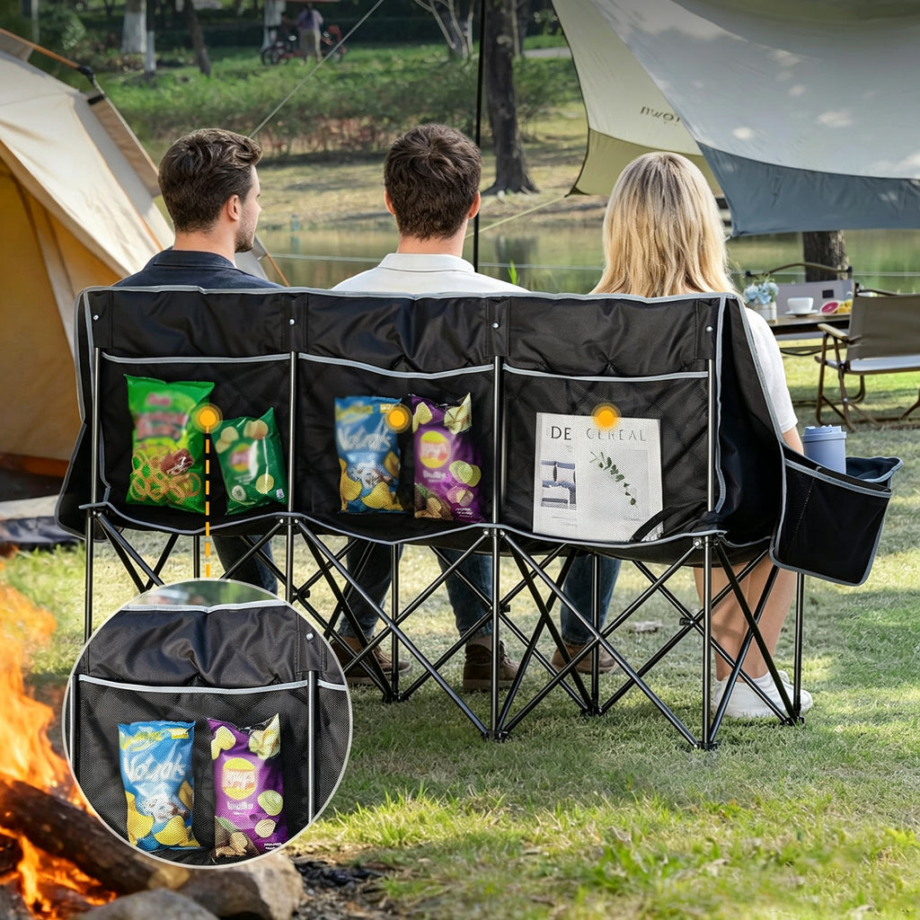 Oversized 3 Person Camping Chair Folding Padded Loveseat with Cup Holders and Carry Bag Streamonpod