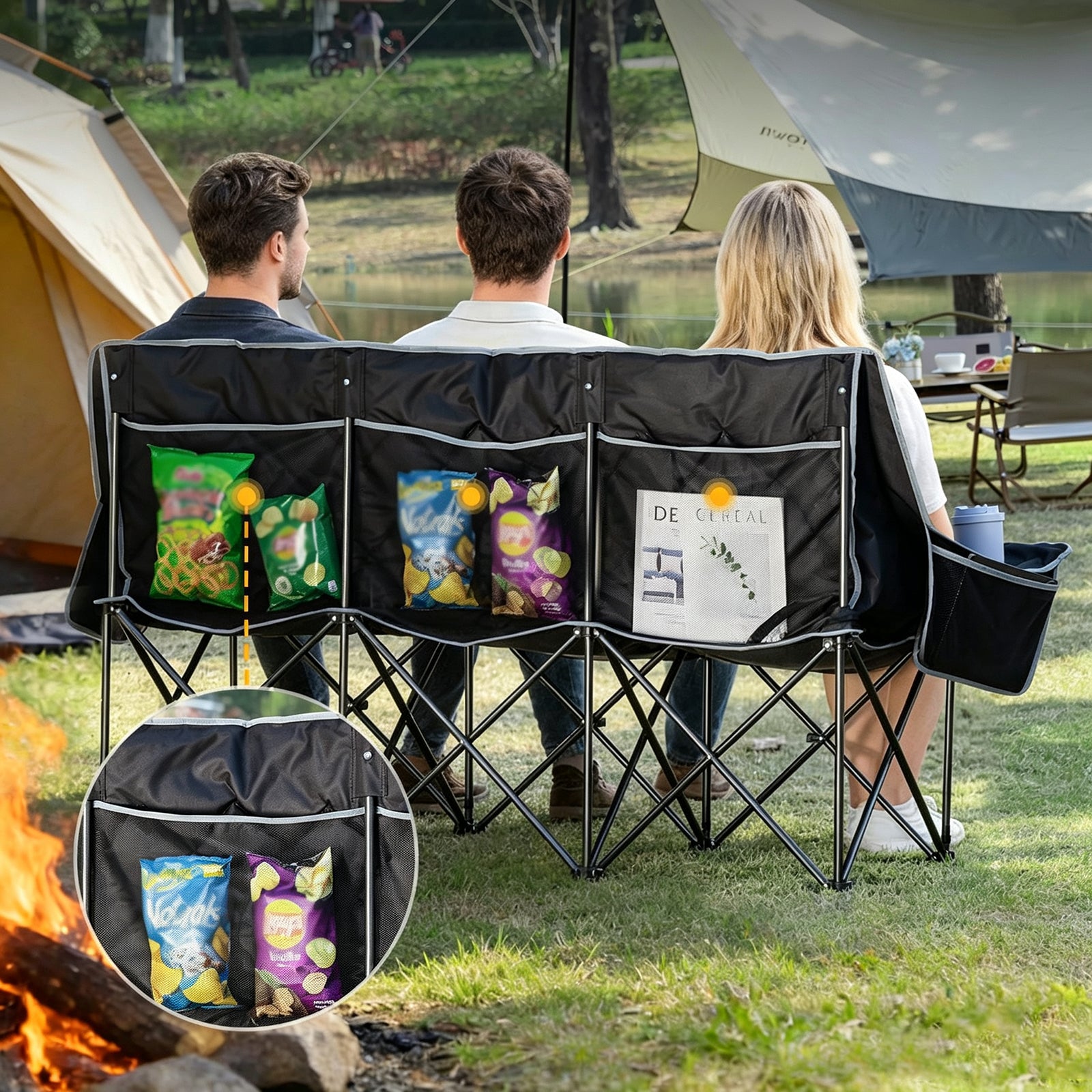 Oversized 3 Person Camping Chair Folding Padded Loveseat with Cup Holders and Carry Bag Streamonpod