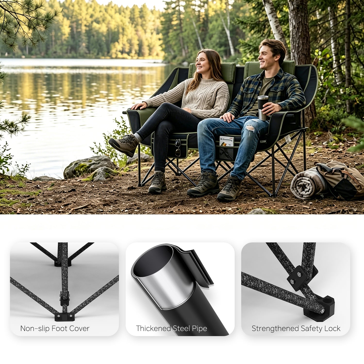 Oversized Heavy Duty Folding Camping Loveseat Chair for Two Adults with Cup Holders 660 lbs Streamonpod